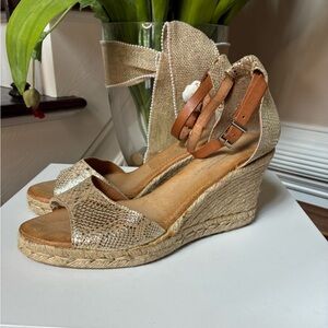 Eric Michael Metallic Gold Espadrille Wedge Sandals with Ankle Straps